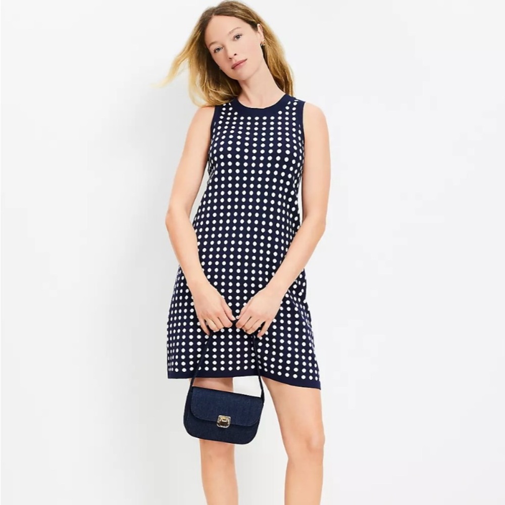 LOFT Navy and White Polka Dot Knit Mini Dress XS NEW